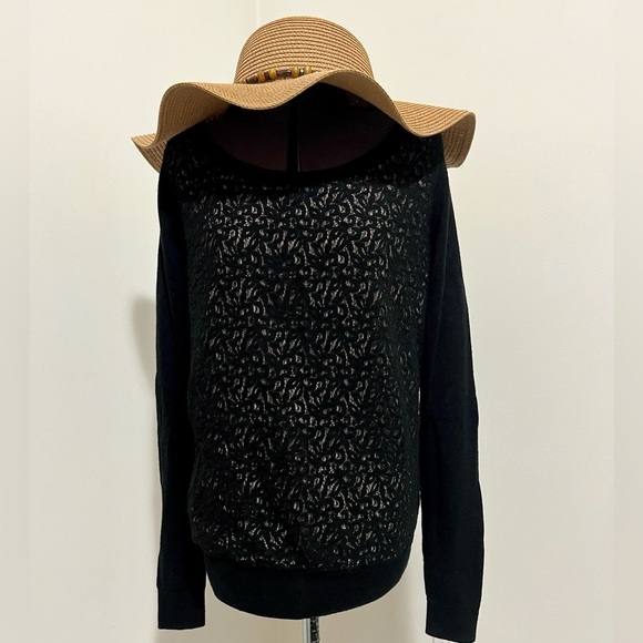 Ann Taylor Loft Black Sheer Lace Sweater with Tan Chiffon Panel Size S - Picture 4 of 10